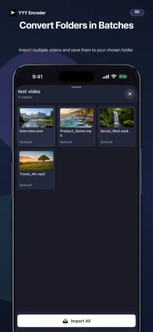 YYY Encoder folder screen with selected videos