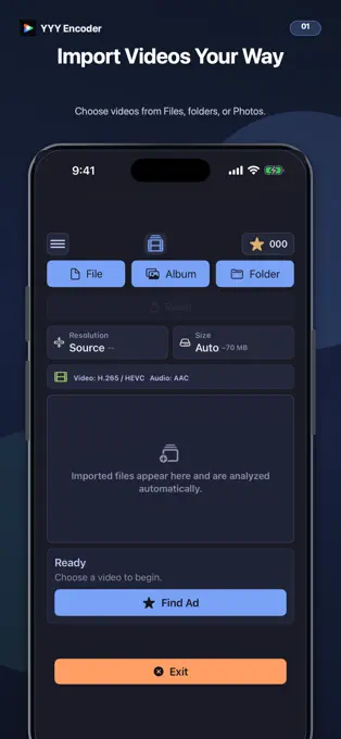 YYY Encoder import screen with File, Album, and Folder buttons