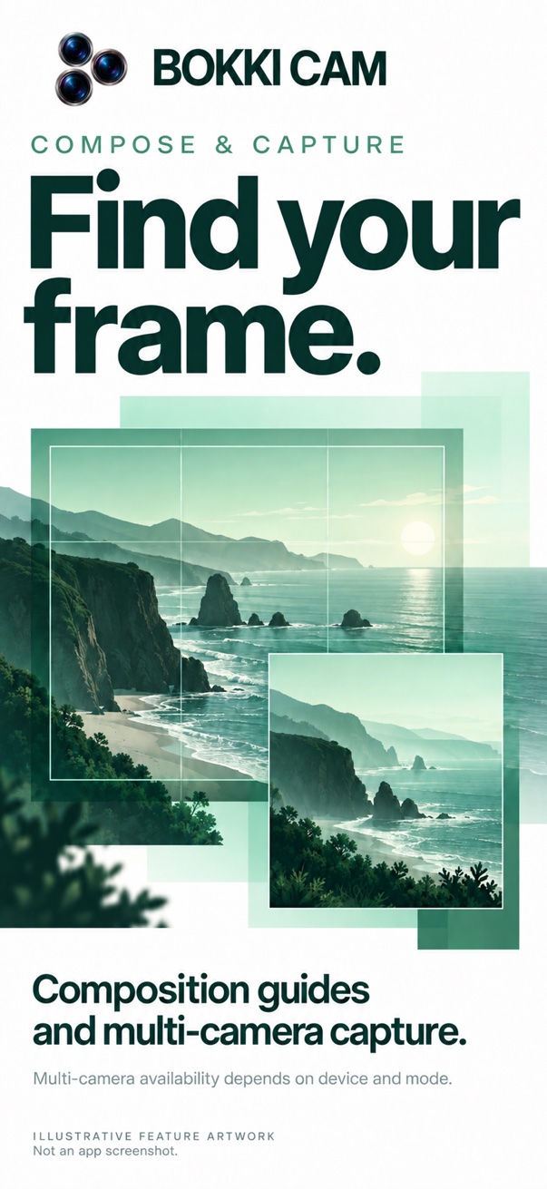 Find your frame. Composition guides and supported multi-camera capture.