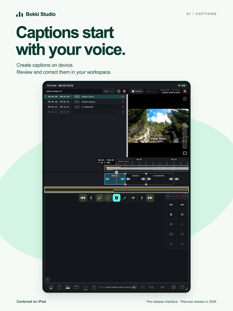 Bokki Studio caption workspace shown on iPad