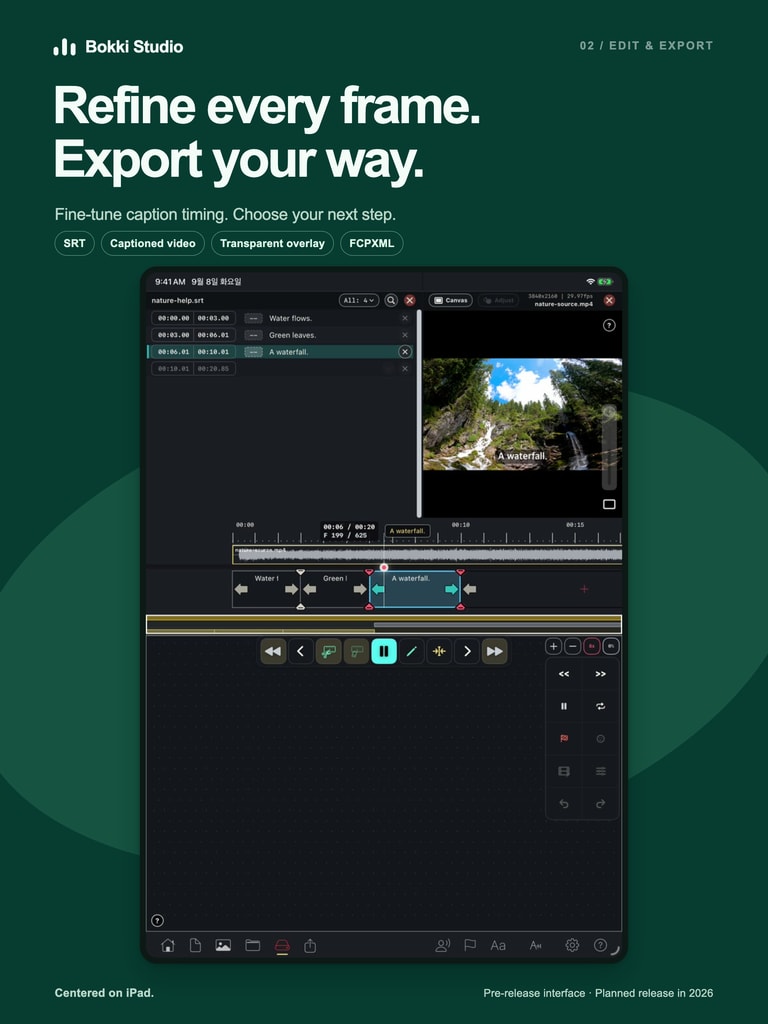 Bokki Studio caption timing and export view