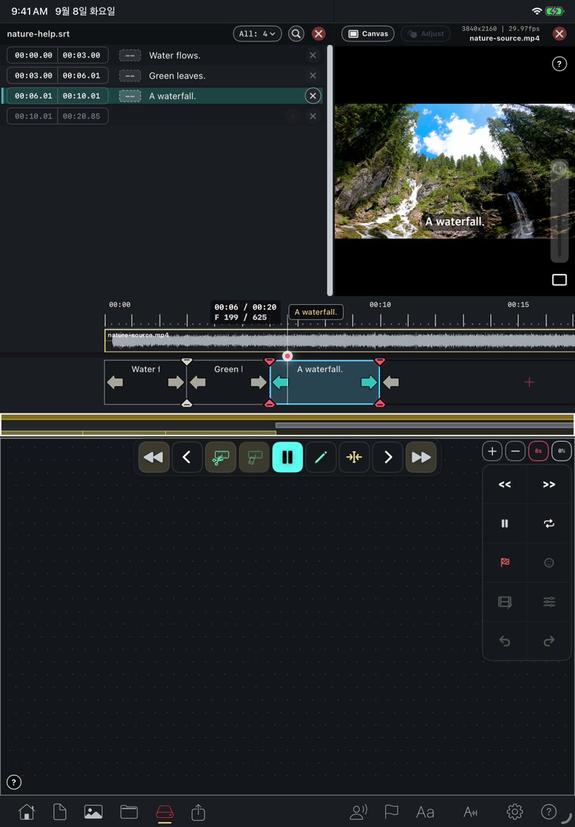 Bokki Studio demo with editable English captions and a waterfall video above an audio waveform timeline